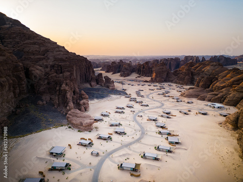 Drone  views of the sandstone canyons at  Habitas AlUla, Saudi Arabia.
