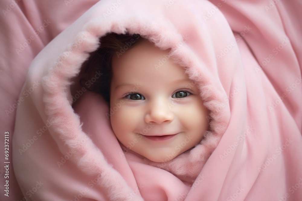 Portrait of a smiling newborn baby wrapped in a pink blanket. Portrait of a smiling newborn baby wrapped in a pink blanket.