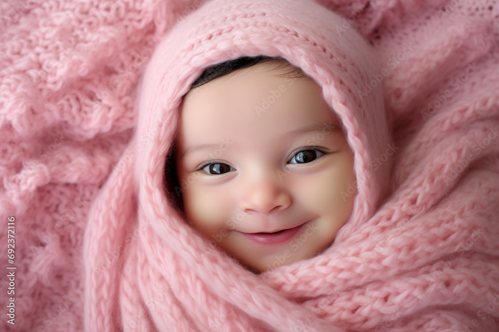 Portrait of a smiling newborn baby wrapped in a pink blanket. Portrait of a smiling newborn baby wrapped in a pink blanket.