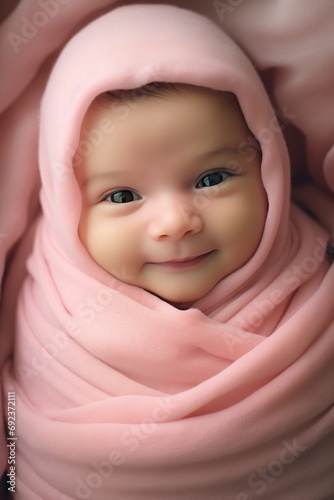 Portrait of a smiling newborn baby wrapped in a pink blanket.