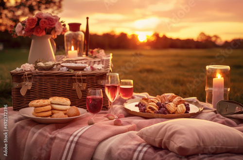 Romantic Sunset Picnic: Basket of Delights, Candles, and Delectable Treats on a Cozy Pink Blanket