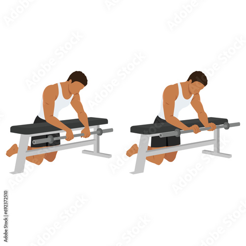 Man doing barbell reverse wrist curl on a bench exercise. Forearm exercise. Flat vector illustration isolated on white background