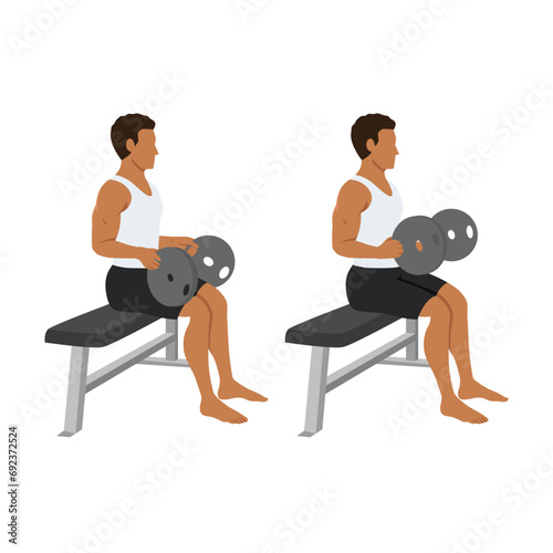 Man doing seated weight plate palm down wrist curls or forearm curls or weighted neutral wrist curl exercise. Flat vector illustration isolated on white background