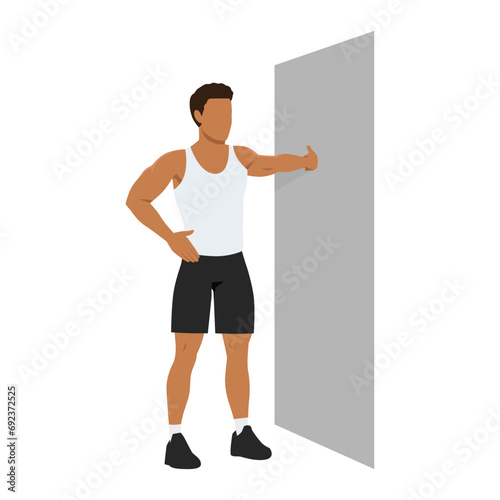 Man doing Chest stretch exercise on a wall. Standing one arm chest stretch. Flat vector illustration isolated on white background