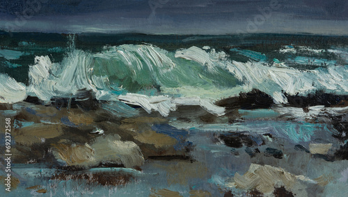 Wallpaper Mural Sea wave oil painting. The original painting. Seascape in a storm. The concept of bad weather high waves. An artistic postcard,a layout for the design. Raging waves crash against the rocks. modern art Torontodigital.ca