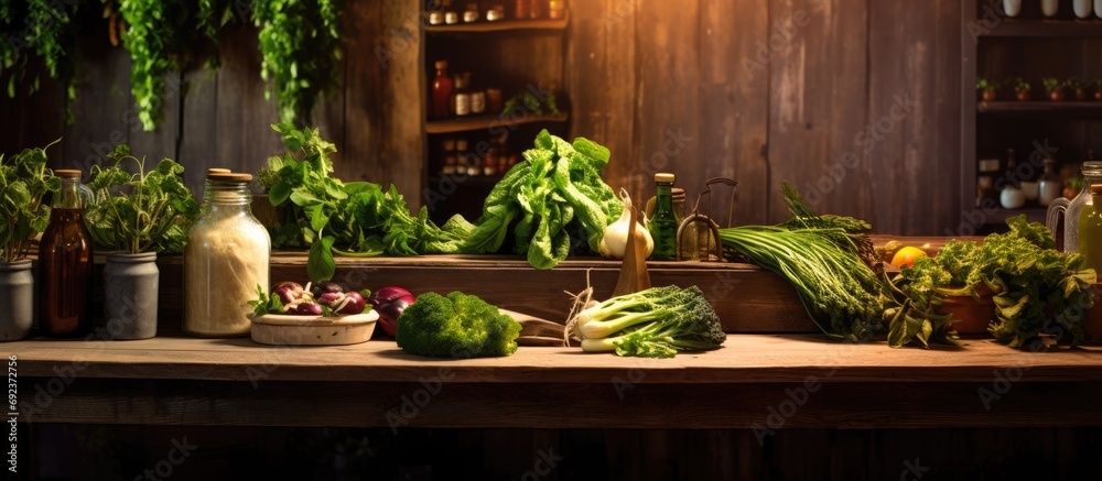 background, a rustic wooden kitchen table adorned with green leafy plants set the stage for healthy cooking. The expert chef prepared a delicious meal using organic, natural vegetables, showcasing the