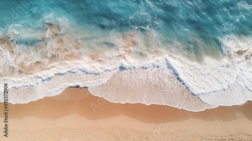 Aerial view of the foamy waves touching the sandy beach, with the serene blue ocean in the background. © Jan