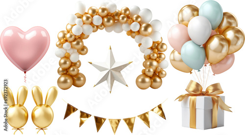 Set of golden and silver balloons, ribbons, gift box, stars 