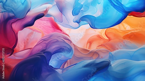 A Beautiful abstraction of liquid paints in slow blending flow mixing together gently, colorful, abstract, color, abstract background.