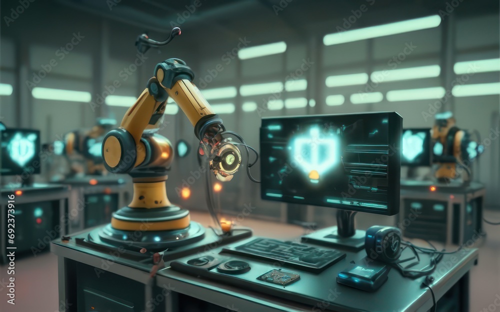 Futuristic 3D Rendering: Robot at Work on Monitor Screen in Factory