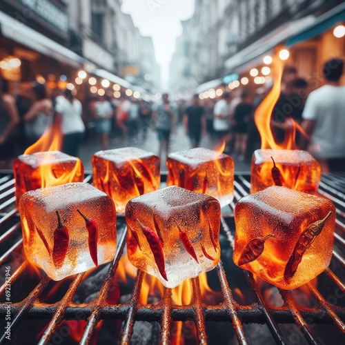 photo of Grilled transparent ice cubes on grill with spicy souce on brush . blurred street crowd on background photo