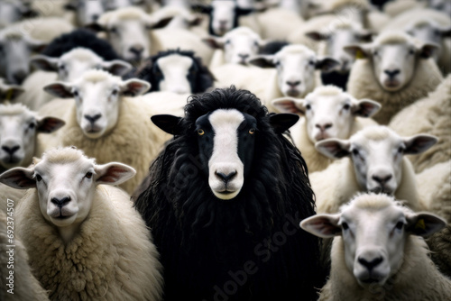 Black sheep in a flock of white sheep. AI Generative .