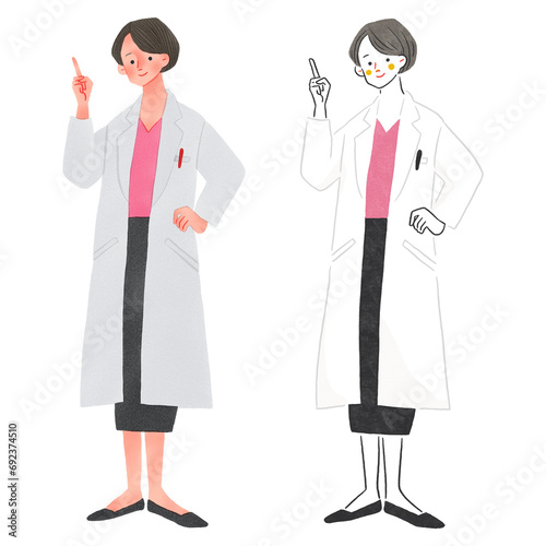 白衣を着た病院の女性の先生の全身手描きイラスト