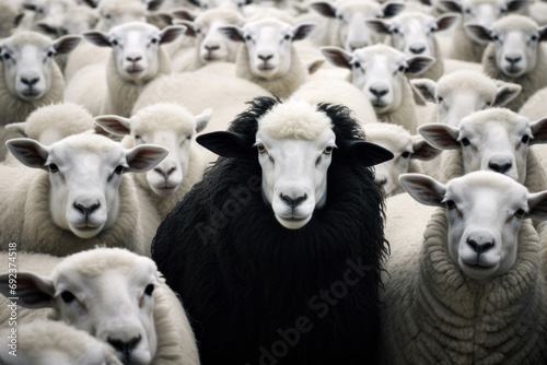 Black sheep in a flock of white sheep. AI Generative . © Phichitpon