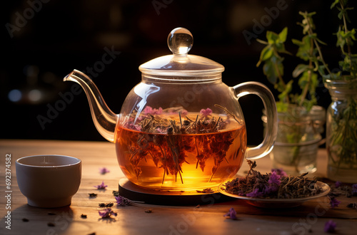 Transparent teapot with blooming tea