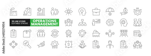Set of 36 Risk or Operations Management line icons set. Operations Management outline icons with editable stroke collection. Includes Strategy, Work Force, Logistics, Growth, Resources, and More.