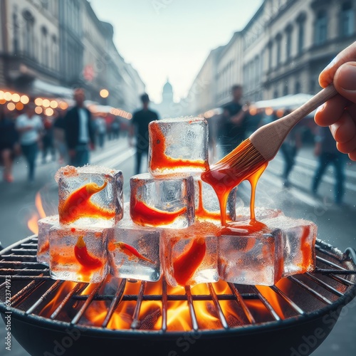 photo of Grilled transparent ice cubes on grill with spicy souce on brush . blurred street crowd on background photo