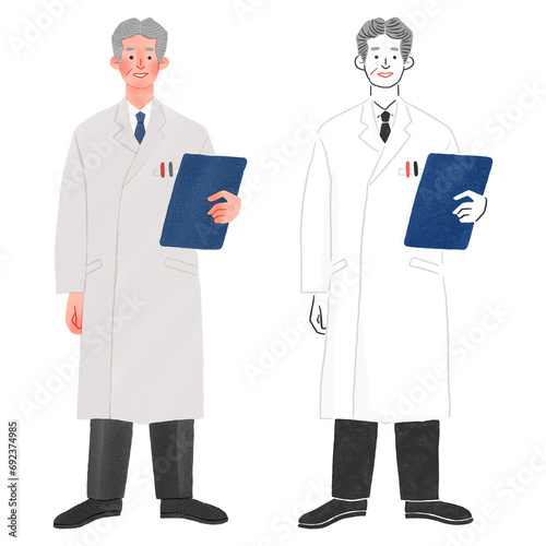 白衣を着た病院の男性の先生の全身手描きイラスト