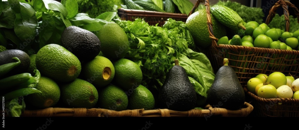 At the local market, the super sale on green vegetables included ripe avocados, fresh herbs, and other raw ingredients that the retail merchant carefully arranged in clean baskets to showcase their - obrazy, fototapety, plakaty 