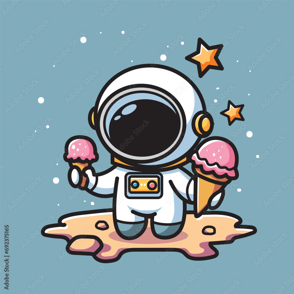 cute vector illustration of an astronaut eating ice cream, t-shirt design, sticker, clip art