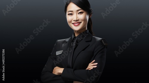 A Beautiful Asian flight attendant smiling with arms crossed looking at camera, side view, half body shot, isolated white background, PNG, photo