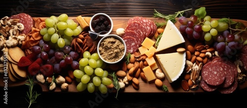 Top view of a charcuterie and cheese platter with assorted ingredients such as meat, cheese, grapes, and nuts.
