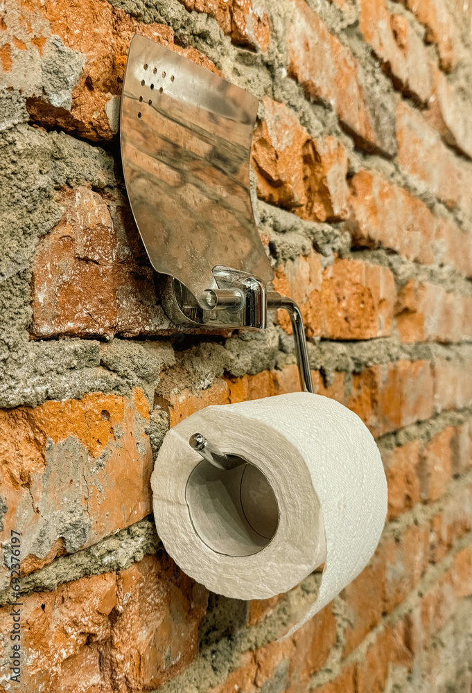 Toilet paper on an old brick wall