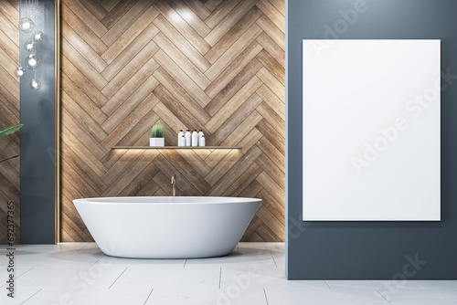 Modern empty picture frame in bathroom with wooden wall design. Mockup concept. 3D Rendering