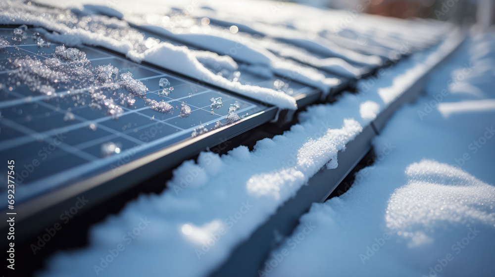 snow-covered solar panel solar cells on the roof of a house - obrazy, fototapety, plakaty 