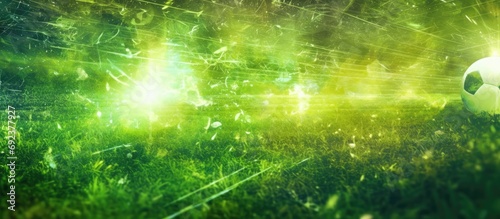 As the sun shines brightly over the summer landscape, an abstract pattern of vibrant green grass creates a textured backdrop for a soccer game in a garden, blending the elements of nature and sport in