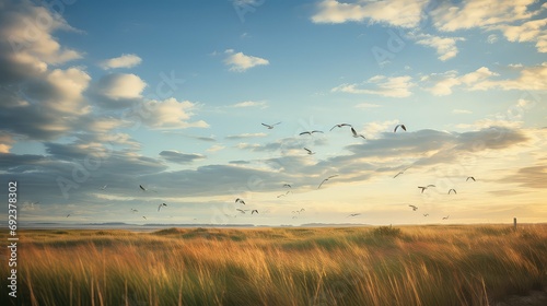 Fototapeta Naklejka Na Ścianę i Meble -  waves coastal plains landscape illustration dunes seashells, seagulls marsh, estuary lighthouse waves coastal plains landscape