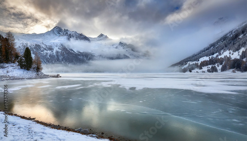 Winter Mist Blanketing the Frozen Champfer Lake, Engadine, Canton of Graubunden, Switzerland