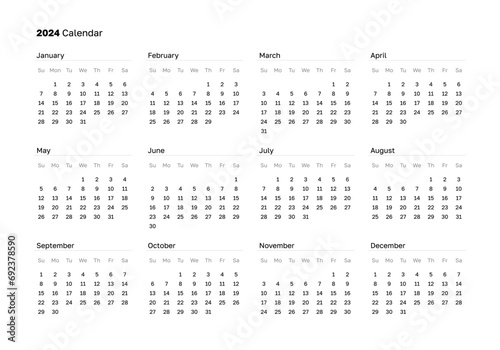 2024 year pocket horizontal сalendar. Calender layout. Week starts Sunday. Desk planner template with 12 months. 