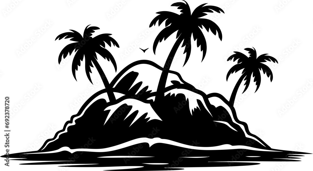 Tropical island silhouette in black color. Vector template design art. - obrazy, fototapety, plakaty 