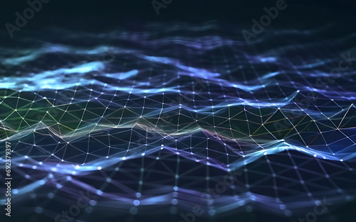 Data technology abstract futuristic illustration . Low poly shape with connecting dots and lines on dark background. 3D rendering . Big data visualization .