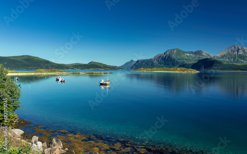 Fishing boats on Kattfjord, on the island of Kvaløya (Norway)