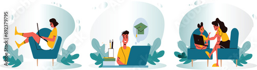 Stance learning illustration set. Characters with people home working places.