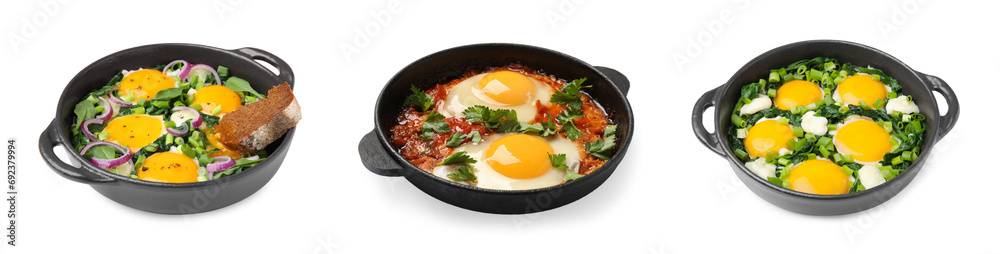 Delicious shakshuka in frying pans isolated on white, set Delicious shakshuka in frying pans isolated on white, set
