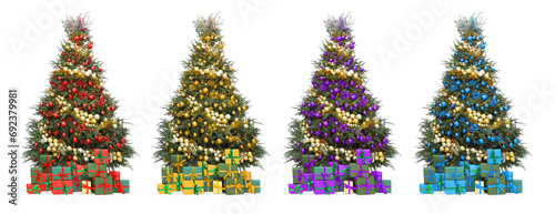 Christmas trees decorated in different colors isolated on white, collection