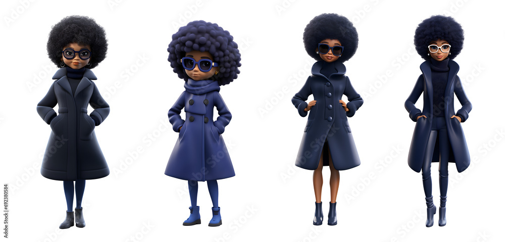 Set of 3D cartoon women fashion models wear coat trendy navy blue clothes, standing posing with color sunglasses, Full body isolated on white transparent background Set of 3D cartoon women fashion models wear coat trendy navy blue clothes, standing posing with color sunglasses, Full body isolated on white transparent background
