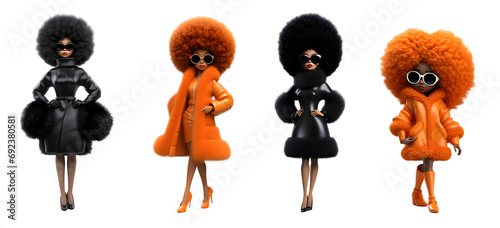 Set of 3D cartoon women fashion models wear coat trendy black and orange clothes, standing posing with color sunglasses, Full body isolated on white transparent background photo
