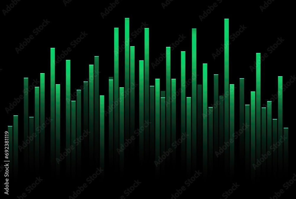Hyper-realistic stock image of audio and business data bars on a black background. Dark green and emerald colors add depth and dimension. Sharp-focus graph and chart visualization