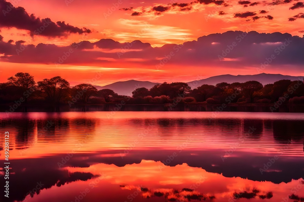 A reflective lake at sunset, with the sky painted in hues of orange and pink, casting a warm glow on the water and the surrounding landscape