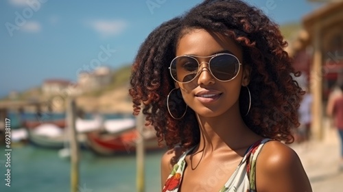 A beautiful young african dark skinned woman posing for a photo at the beach on a vacation in summer, the sea or ocean water behind her