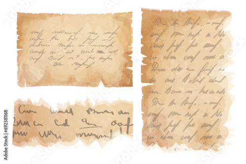 Set Parchment paper, torn pieces, old sheetwith unreadble scrit in cartoon style, textured empty note isolated on white background. Game ui elements