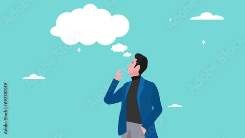 businessman with thinking cloud or bubble chat illustration, thinking of solution as thought bubble, blank cloud over head with copy space, looking for innovation or a solution to a problem