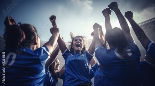 A group of girls a female football sports team in blue uniform cheering because of victory in a game after making a goal at the stadium or a soccer field photo