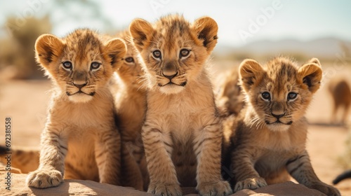 A group of young small teenage lions curiously looking straight into the camera in the desert  ultra wide angle lens