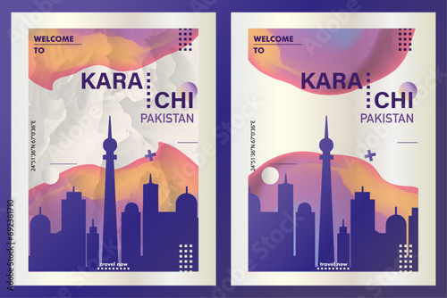 Karachi city poster pack with abstract skyline, cityscape, landmark and attraction. Pakistan travel vector illustration layout set for vertical brochure, website, flyer, presentation