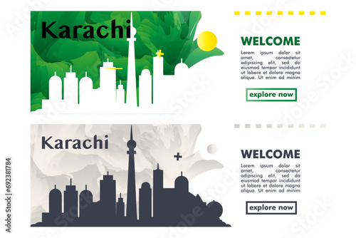 Karachi city banner pack with abstract shapes of skyline, cityscape, landmark. Pakistan travel vector horizontal illustration layout set for brochure, website, page, presentation, header, footer